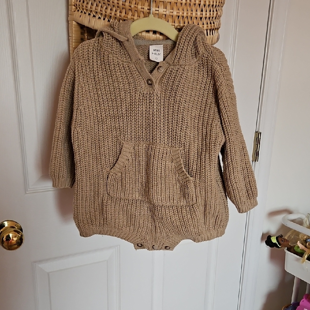 Bebe Holic Knit Hooded Romper in Tan